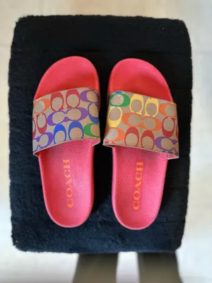 Coach Udele Slide Sandals Rainbow Canvas Multi Pop Red thumbnail 3