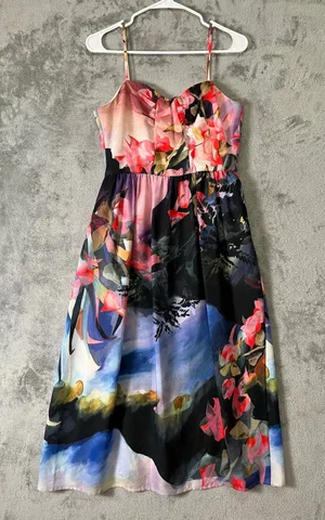 Corey Lynn Calter Watercolor Floral Scenic Midi Dress‎ Artistic Garden Party 6 thumbnail 1
