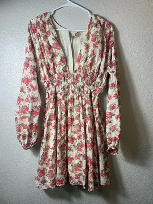 Free People "Keep You" Floral Long Sleeve Mini Dress‎ Smocked Waist Boho Size S thumbnail 2