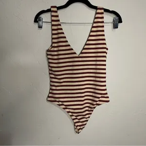 Babaton Aritzia Contour Striped Mauve Cream Double V-Neck‎ G String Bodysuit thumbnail 3