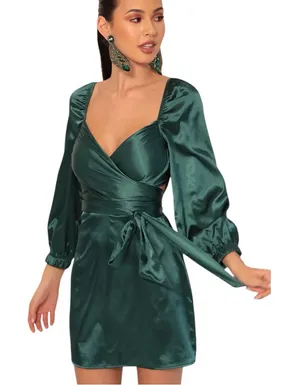Lucy In The Sky Miley Puff Sleeve Wrap Dress In Hunter Green thumbnail 1