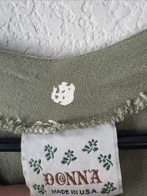 Vintage linen Olive Green Short Sleeve Dress with White Print & apron pockets L thumbnail 2