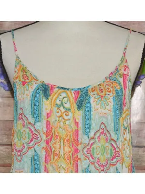 Elan Ibiza Tiered Mini Sun Dress Size M Sleeveless Colorful Paisley Boho Rayon thumbnail 2