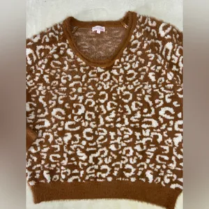 Pink Lily Brown and Cream Crew Neck Sweater with Geometric Pattern thumbnail 2