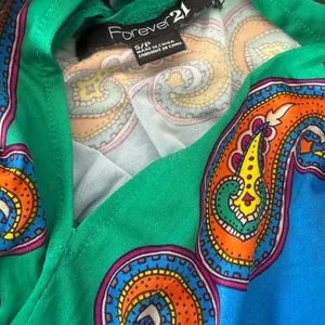 Vibrant Boho Paisley Mini Dress 🌈 Deep V Neck Festival Summer Dress | Blue & Green Statement Piece | Size S (Forever 21) ✨ thumbnail 3