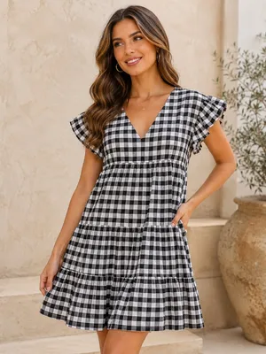 Black White Gingham Tiered Babydoll Mini Dress NWOT thumbnail 1