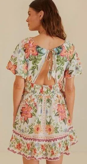 Farm Rio Off-White Bloom Garden Euroflax Premium Linen Mini Dress L thumbnail 2