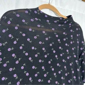 Vintage‎ Tall Girl Semi Sheer Black w/ Purple Daisy Flowers High Neck Midi Dress thumbnail 5