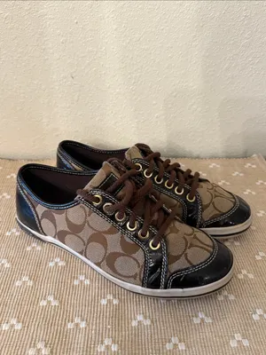 Coach Signature C Jacquard Patent Leather Low Top Sneakers Brown Khaki Size 7 thumbnail 2