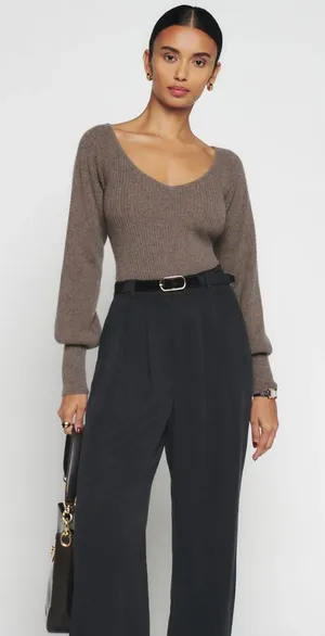 REFORMATION Hart Scoop Neck Cashmere Cocoa Ribbed Sweater Top thumbnail 1