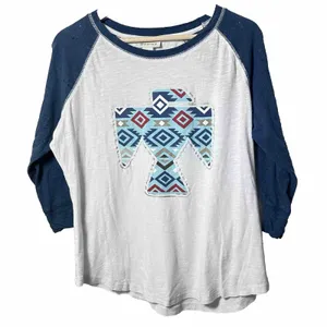 Ariat T-Shirt Womens XL Distressed Blue Aztec Bird Western Baseball Sleeves thumbnail 1