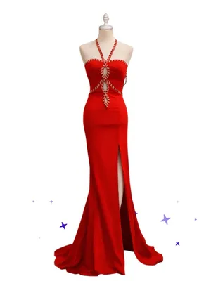 Alyce Paris Red Halter Maxi Dress Size 2 Beaded Keyhole High Slit NWT thumbnail 6
