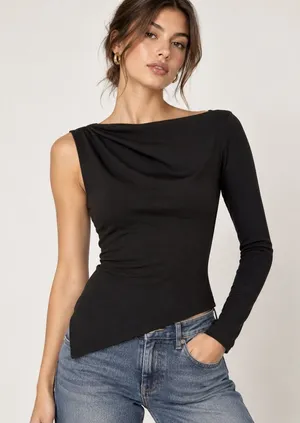 NEW Zara Black One Shoulder Asymmetrical Long Sleeve Top Size Small thumbnail 1