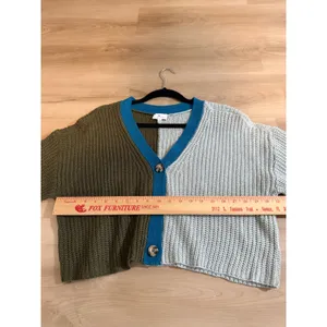 True Craft Cardigan Multicolor Green Blue L Women Colorblock Cropped Knit V-Neck thumbnail 3
