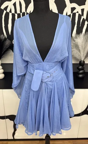 ASOS Design Blue Chiffon Mini Dress Belted Plunge Long Sleeve NWT US 4 thumbnail 1