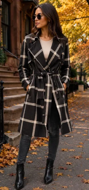 Solitaire Black & Cream Plaid Belted Trench Coat thumbnail 1