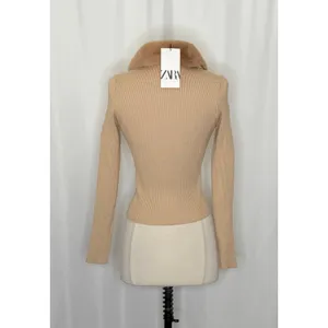 NWT!! ZARA Faux Fur Lapel Knit Sweater Tan‎ Light Brown Zipper Pullover Small thumbnail 8