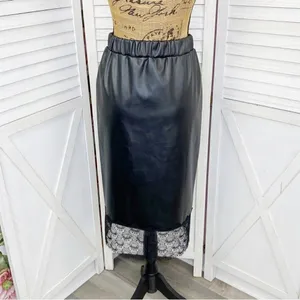 Michael Kors Lace Trim Faux Leather Slip Skirt‎ Black Midi Pencil Elastic XS thumbnail 6