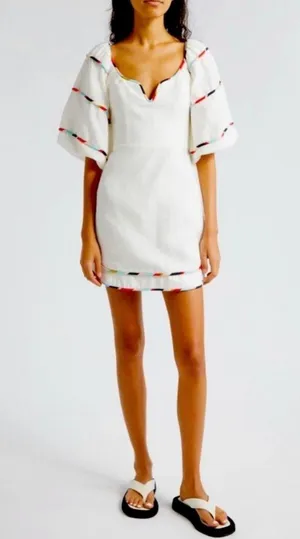 Farm Rio White Mini Dress with Colored Sleeves thumbnail 1