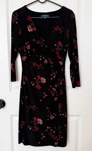 Lauren Ralph Lauren Womens Dark Floral Midi Dress Size 8 Ruched Stretch Comfort thumbnail 1