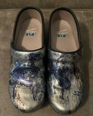 Dansko Metallic Silver and Blue Paisley LT Clogs eu37 us 7 thumbnail 1