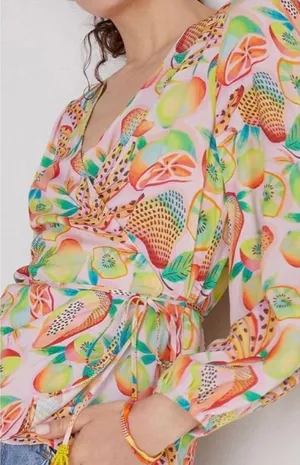 Farm Rio by Anthropologie $138 Rainforest Summer Fruit Print Wrap Blouse Medium thumbnail 1