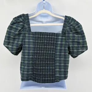 Madewell Hopewell Plaid Puff Sleeve Crop Top Smocked Square Neck Blouse Forest M thumbnail 6