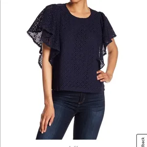 5/$30 🎈 Codexmode women’s XS navy blue ruffle‎ eyelet blouse thumbnail 2