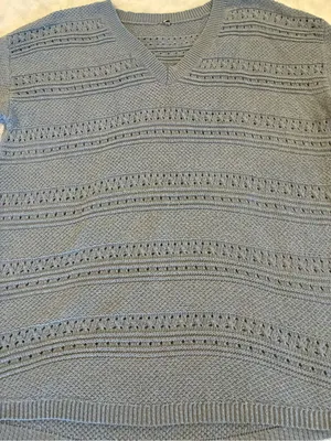 V-Neck Openwork 3/4 inch Sleeve Knit Sweater - Dusty Blue size X-LARGE thumbnail 2