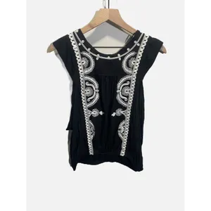Free People Embroidered Top Womens XS Black‎ Boho Floral Cap Sleeve Blouse NEW thumbnail 3
