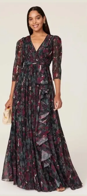 Badgley Mischka Pleated Floral Gown Size‎ 4 Gray Black Burgundy formal wedding thumbnail 1