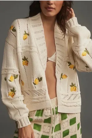 Maeve Lemon Embroidered Chunky Knit Open Sweater White Cream Women's Size Medium thumbnail 1