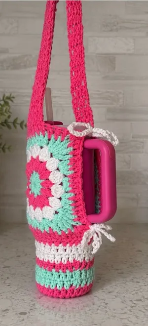 Handmade Stanley Cup PINK Crochet Bag Water Carrier Purse 40oz size - Purse only thumbnail 1