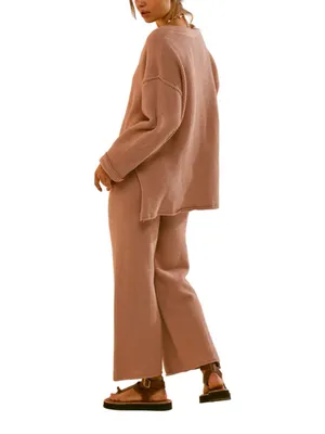 Free People Hailee Waffle Stitch Long Sleeve Top & Wide Leg Pants Set Size M thumbnail 11