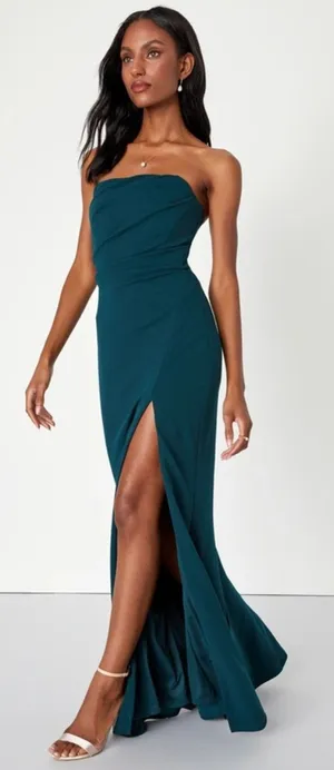 NWT Lulus Marvelous Entrance Emerald Green Pleated Strapless Maxi Dress Size XS thumbnail 1