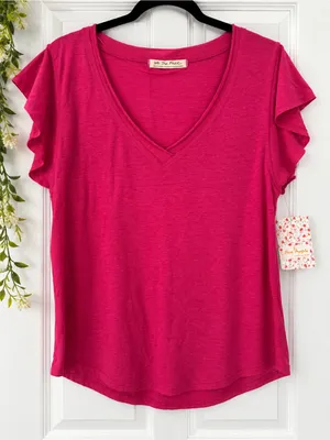 NWT Free People We The Free Fuchsia Flutter Sleeve V Neck Tee M thumbnail 1