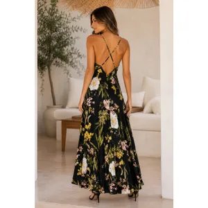 NEW Lulus Black Floral Satin Surplice V-Neck Strappy Back Maxi Dress, Large thumbnail 2