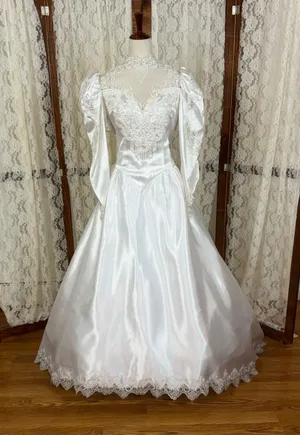 Beautiful Vintage 90s Beau Crystal White Satin Wedding Gown thumbnail 1