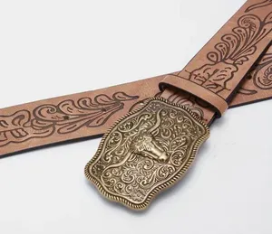 Western Style Bull Head Buckle Unisex Belt Vintage Embossed thumbnail 11
