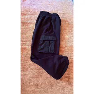 Women Black Cargo Jogger Pants Mixed Media Fleece Nylon Pockets Size M thumbnail 9