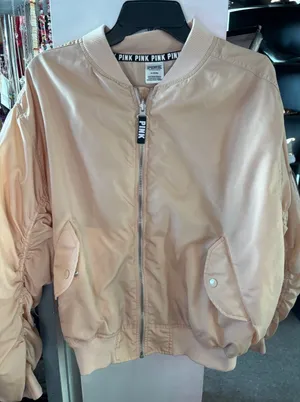 Victorias Secret PINK Bomber Jacket Beige Satin Ruched Sleeve Zip Up Womens Med‎ thumbnail 1