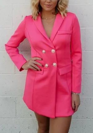 Lulus Vibrant fuchsia Pink Double-Breasted blazer mini dress Pearl Buttons thumbnail 1