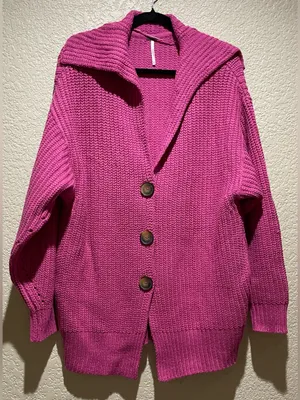 Free People Swim Too Deep Vibrant Fuchsia Ribbed Button Cardigan Size XS thumbnail 4