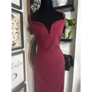 Long Wine Colored Reckless Hearts formal off the shoulder dress with front slit thumbnail 3