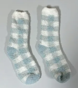 Blue White Pastel Plaid Checkered Plush Fuzzy Winter Socks Hosiery ❄️ thumbnail 1