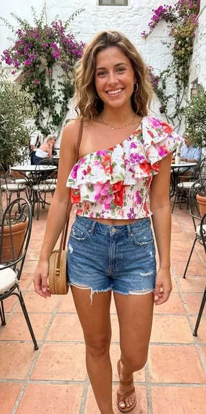 NWOT Abercrombie & Fitch Floral One-Shoulder Ruffle Smocked Top - Size L thumbnail 1
