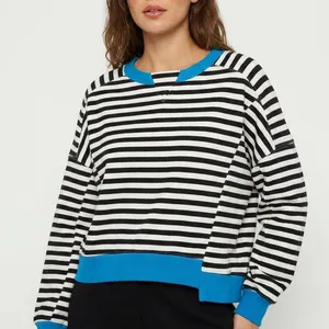 Merokeety Striped Sweatshirt XL Blue Trim Notched V-Neck Pullover Black White thumbnail 1