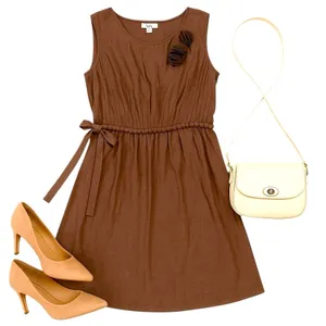 YA Los Angeles Bronze Brown Rosette Shoulder Mini Dress Medium Elastic Waist Tie thumbnail 6