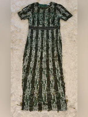 NEW MAC DUGGAL High Neck Short Sleeve Crystal Fringe Column Sage green Dress 10 thumbnail 5