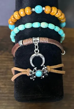 Bohemian Turquoise Beaded & Leather Bracelet Set thumbnail 1